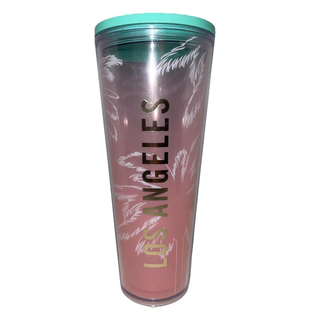 Starbucks Los Angeles Palm Pink Teal Venti Tumbler Cold Coffee Cup 24oz No Straw